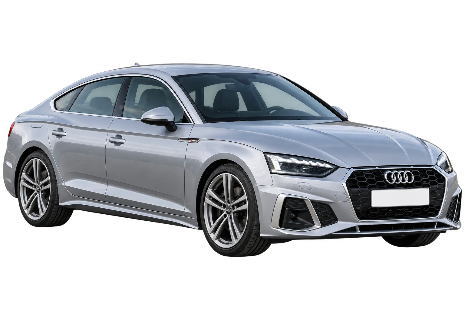 Srebrne Audi A5 F5 Sportback po liftingu w pakiecie S line z czystą białą tablicą