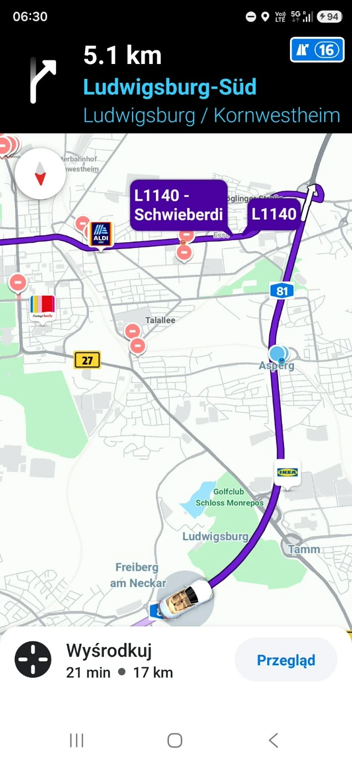 Zrzut nawigacji z kierunkiem na Ludwigsburg
