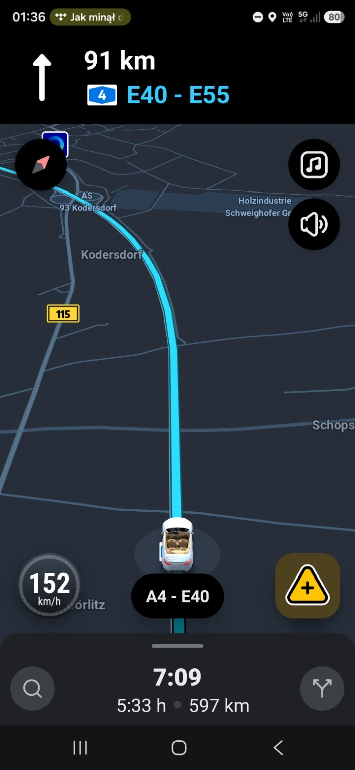 Zrzut nawigacji z nocnej trasy w Niemczech