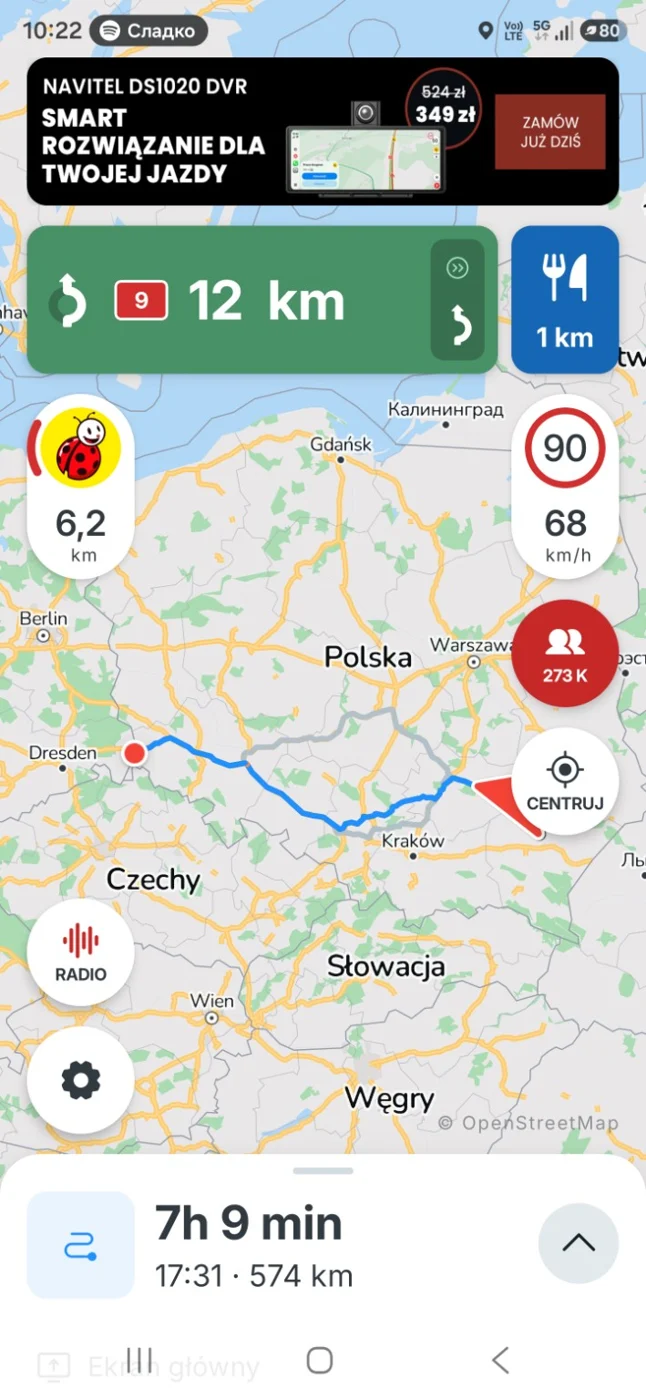 Zrzut nawigacji z trasą w kierunku granicy